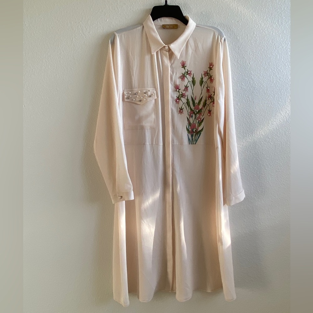Cream Dress Womens Long Sleeve with flower and beads design